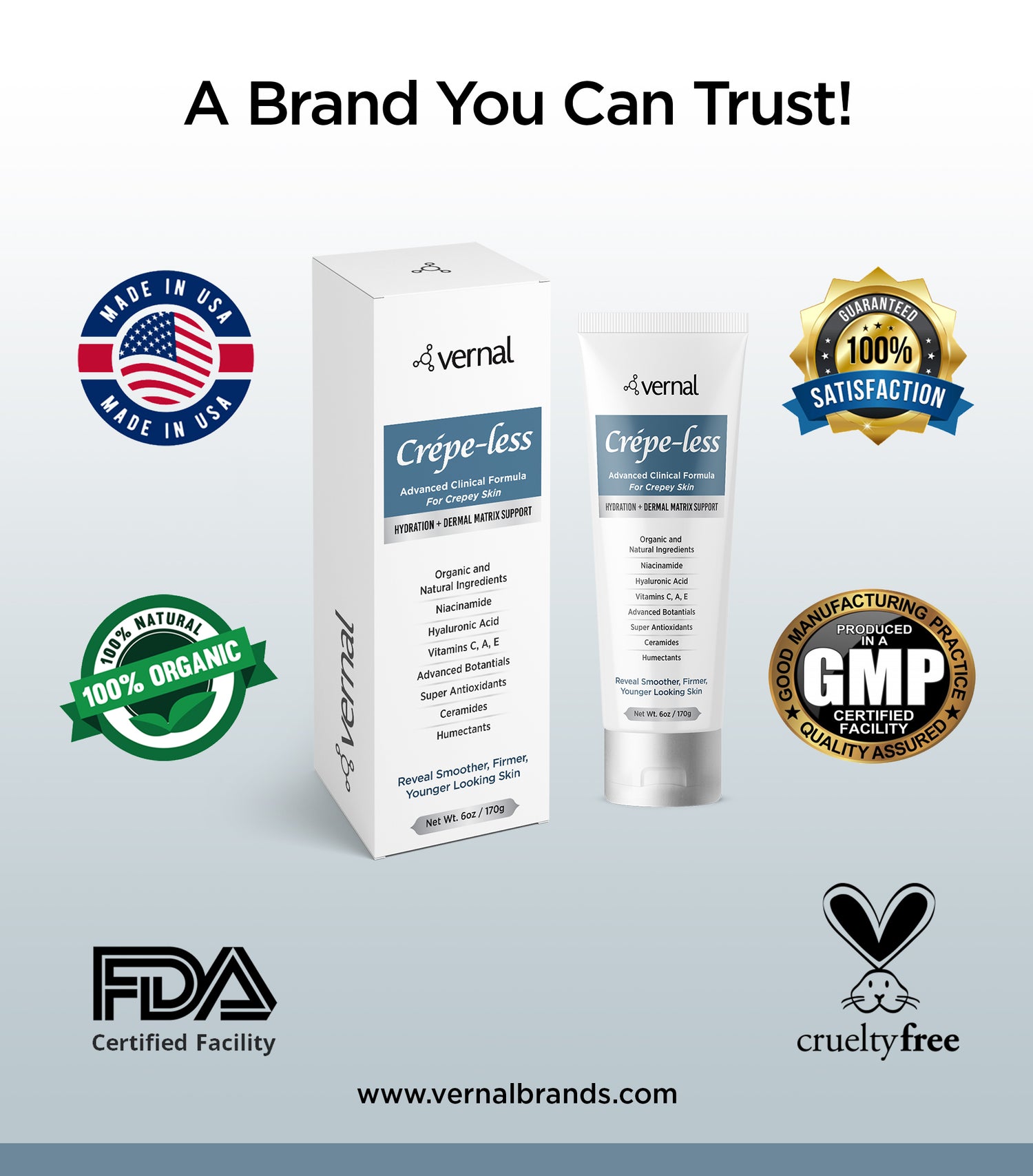 Crepey skin firming cream to repair crepey arms, neck, chest and